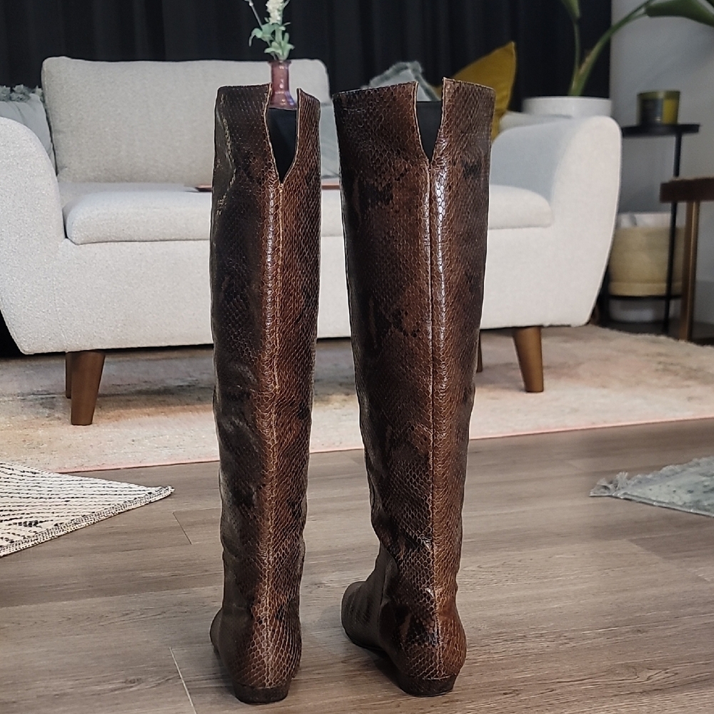 Brown Leather Snakeskin Embossed Knee-High Boots - Picture 6 of 16